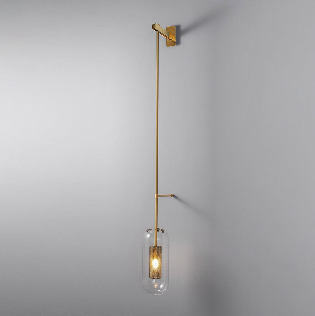 Luce Postmodern Wall Sconce clear glass shade golden honeycomb core brass-tone rod wall mount