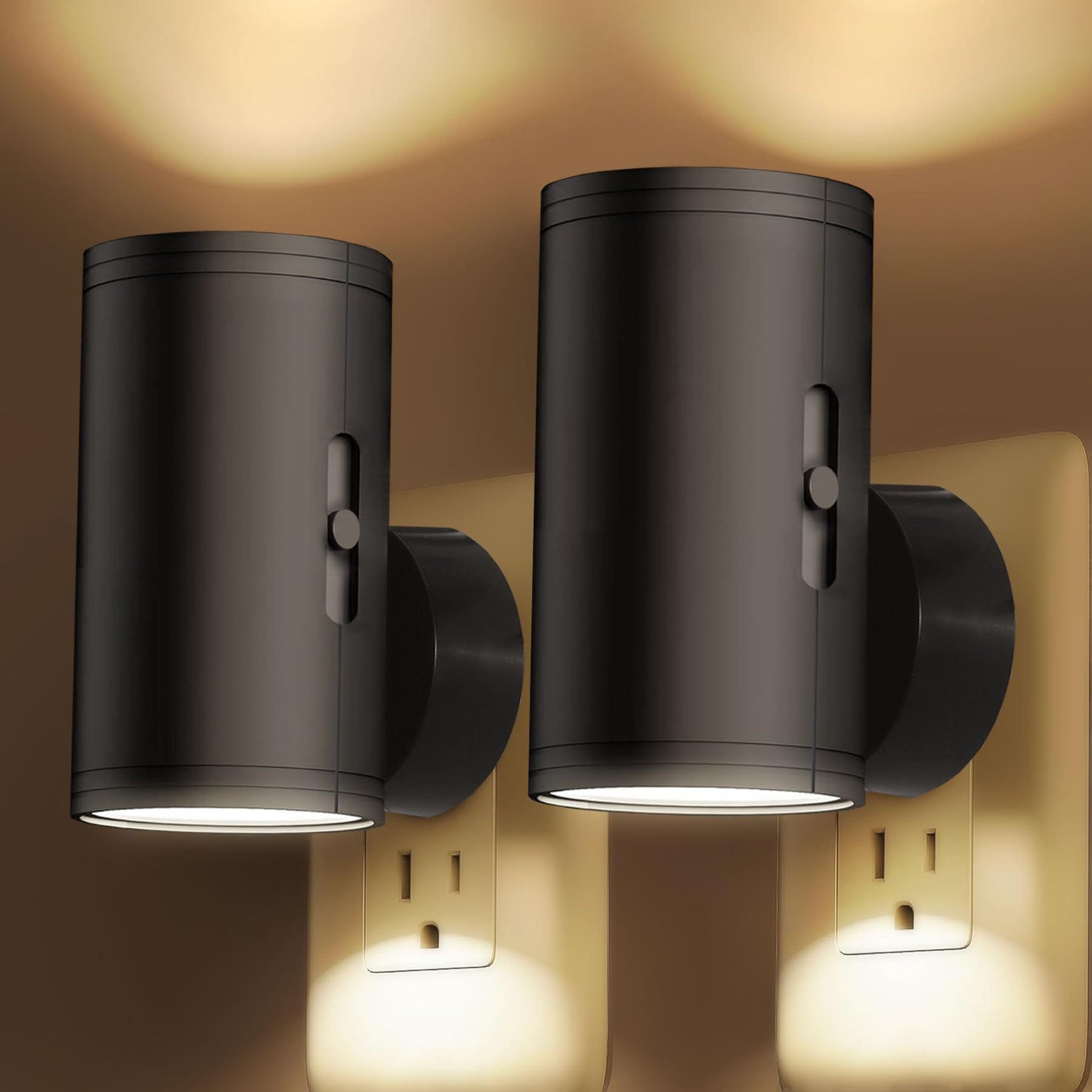 MagnoGlow plug-in LED night light black cylindrical iron ABS body 5W 3000K warm glow dimming side switch plugs into outlet