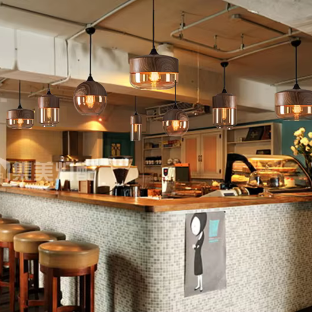 Modern industrial wood tinted glass pendant light fixture