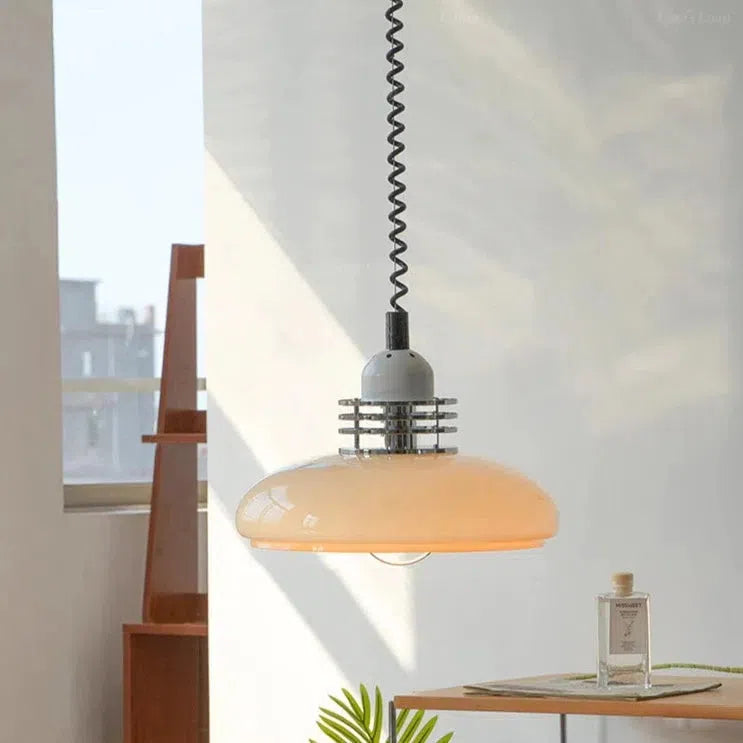 Simone Retractable Retro LED Pendant beige stained-glass shade chrome details iron frame 35cm dia retractable cord