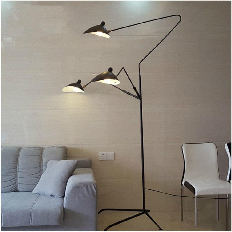 Serge Duckbill 3-Light floor lamp tripod base adjustable tilt metal shades black and copper nickel finish