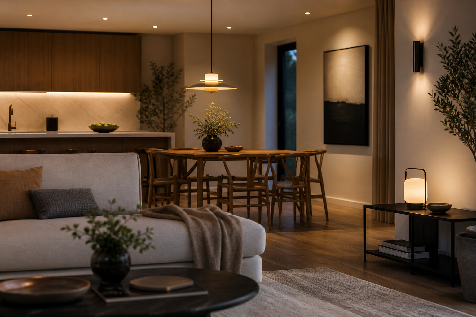 Modern room with layered lighting from a pendant, table lamp, and wall light