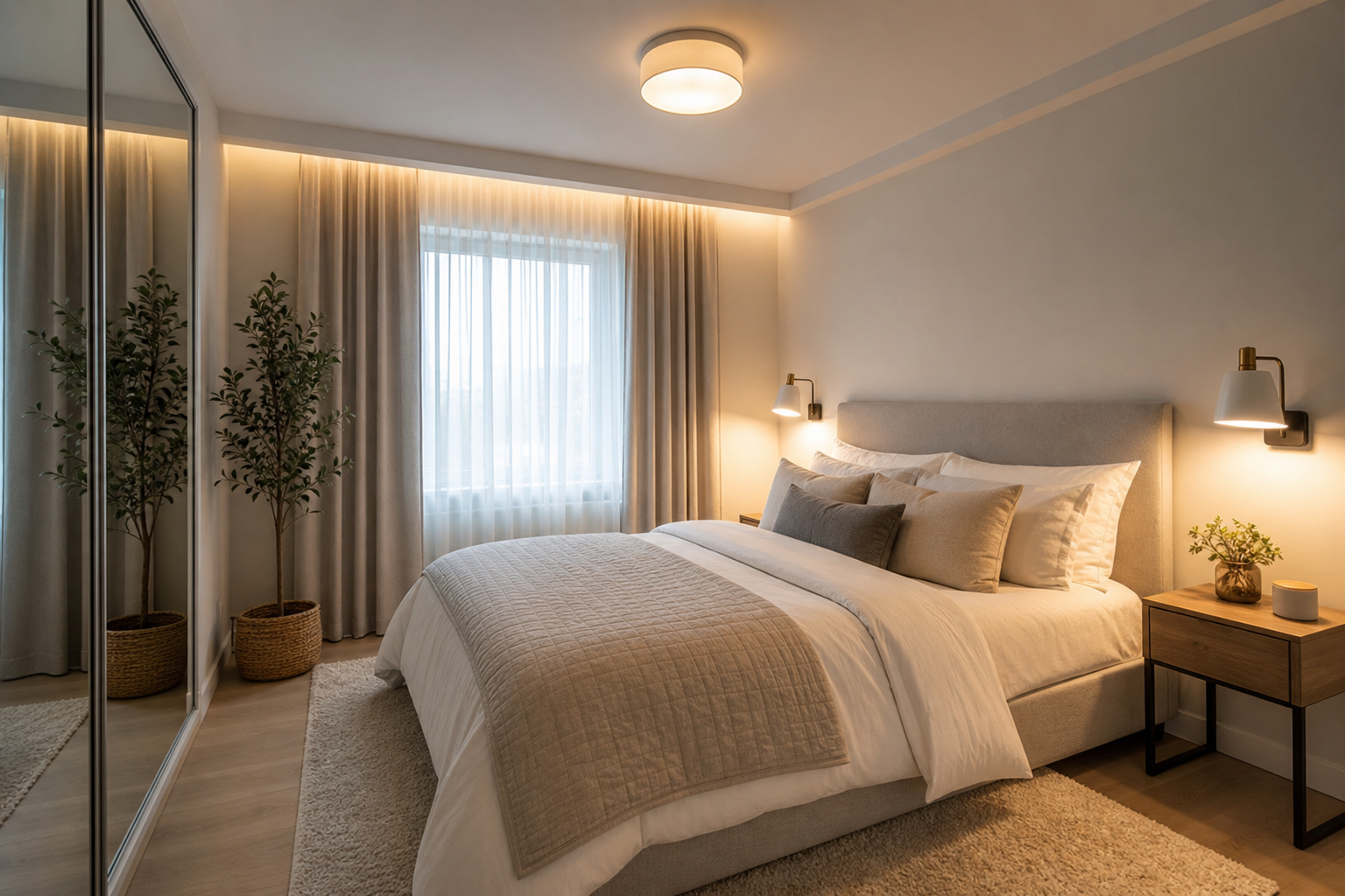Small modern bedroom with layered lighting, wall-mounted bedside lights, and softly lit corners.