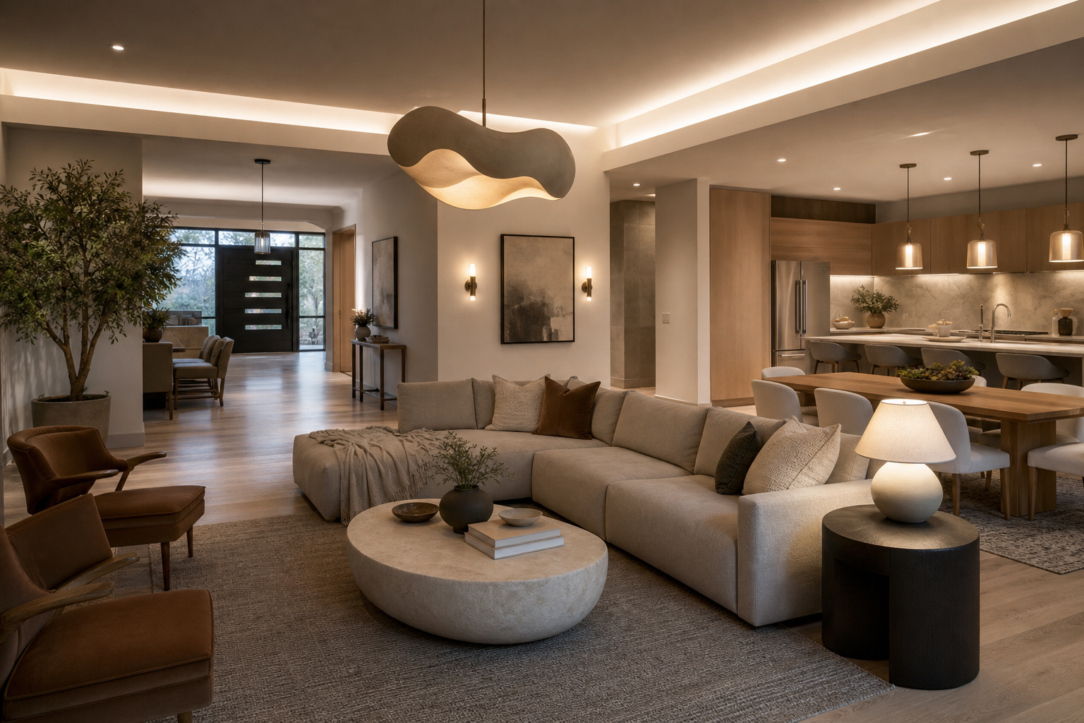 Modern living and dining space with layered lighting, a sculptural pendant, and a cordless table lamp