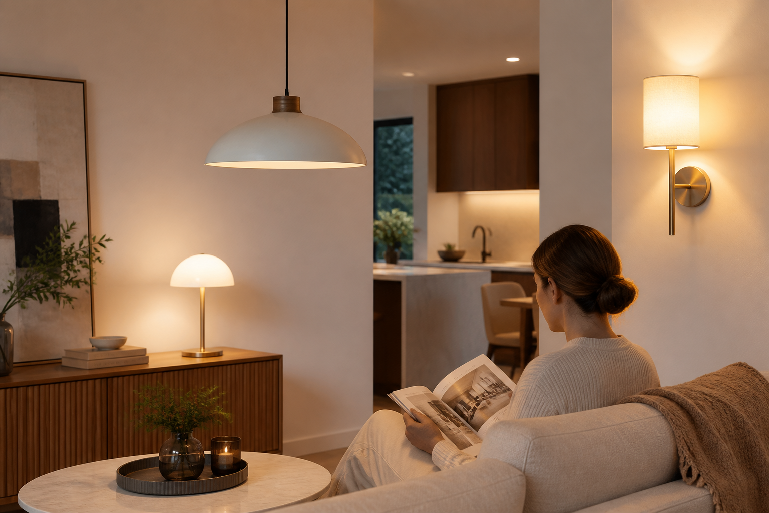 Modern interior with pendant light, cordless table lamp, and wall light in a neutral room