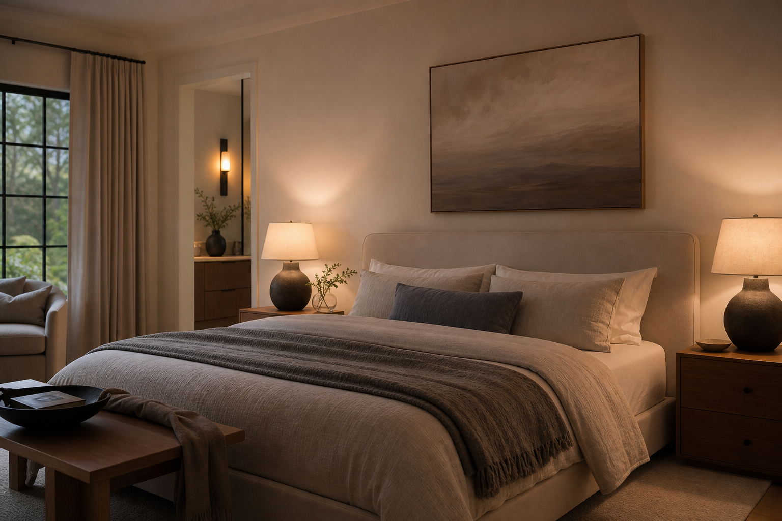 Modern bedroom with warm soft lighting from bedside lamps and a gentle ambient glow