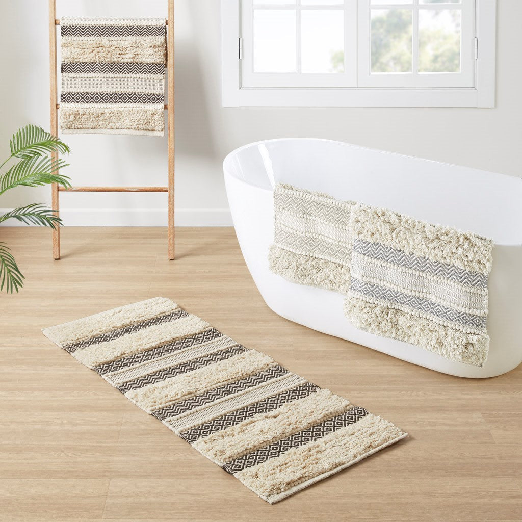 Woven textured bath rug stripe non skid shaggy bathroom mat boho inspired handwoven rug