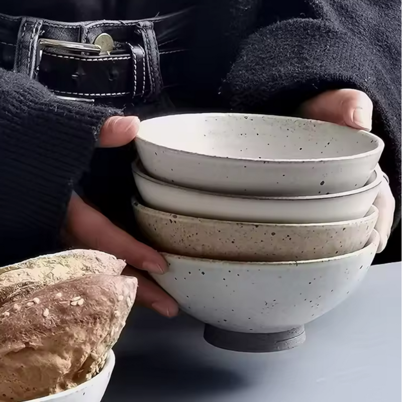 Ceramic retro rice bowls speckled glaze unglazed base set of 4 vintage porcelain bowls
