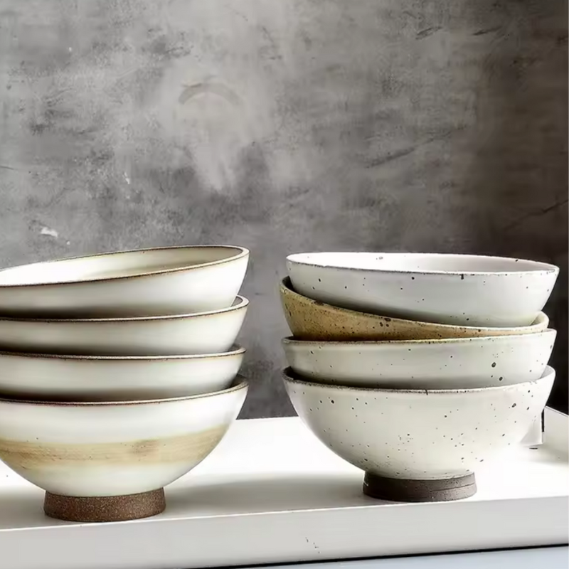 Ceramic retro rice bowls speckled glaze unglazed base set of 4 vintage porcelain bowls