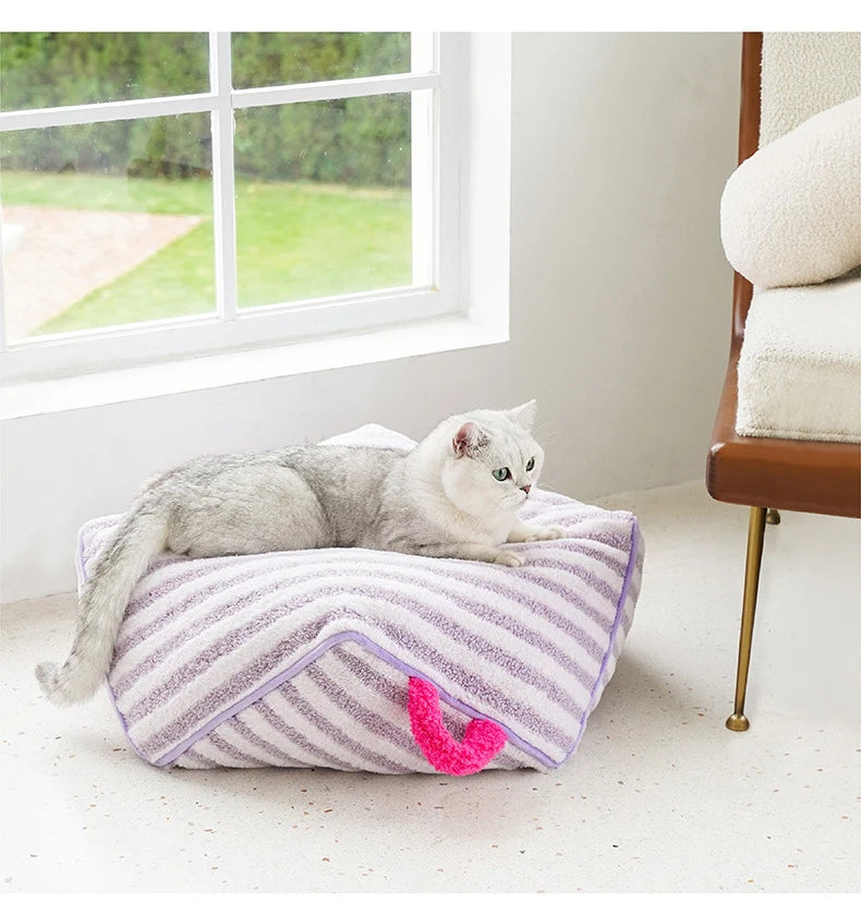 Pet sofa coral fleece striped warm machine washable pet lounger