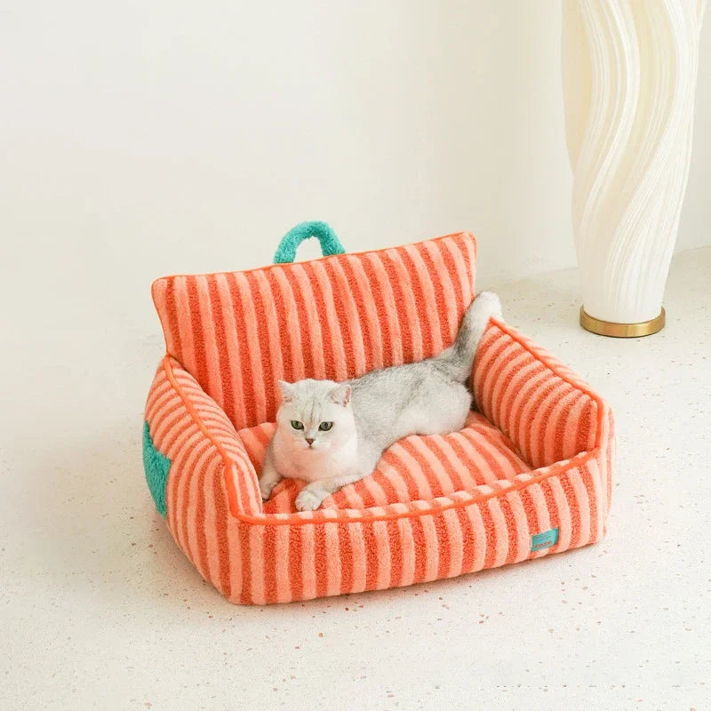 Pet sofa coral fleece striped warm machine washable pet lounger
