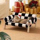 Elevated wooden pet bed checkered fabric cozy modern stylish
