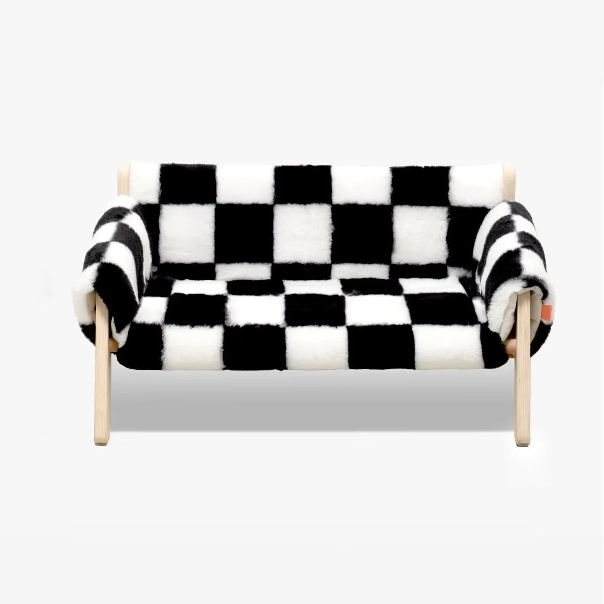 Elevated wooden pet bed checkered fabric cozy modern stylish