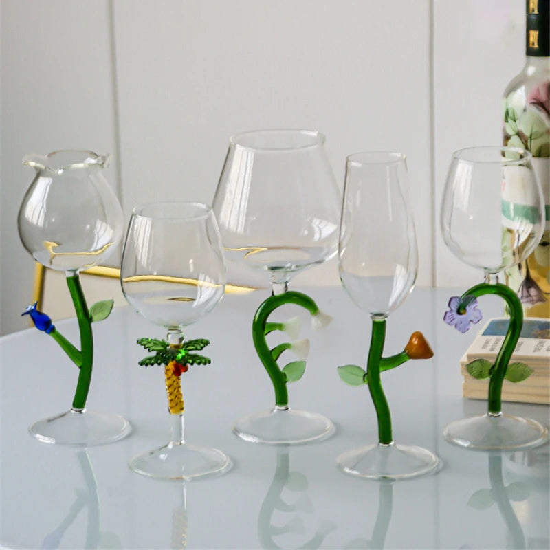 Wine glass with whimsical nature-inspired stems