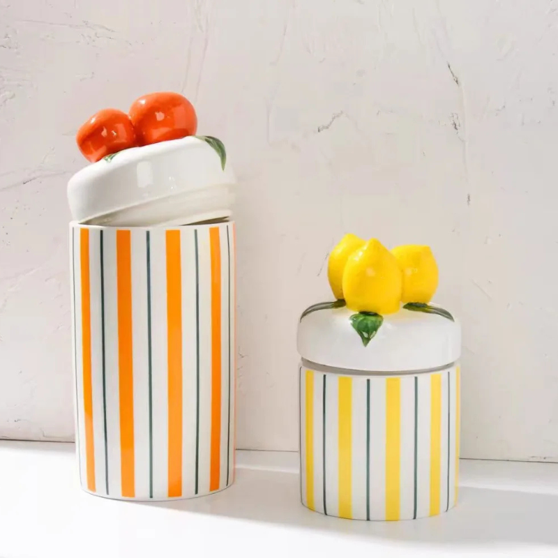 Retro colorful ceramic storage jar with lid wavy design glazed finish kitchen coffee candy container