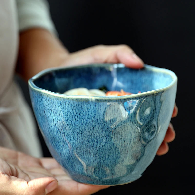 Ceramic Bowl Irregular Shape Blue Glaze Handmade Soup Salad Noodle Fruit Tableware
