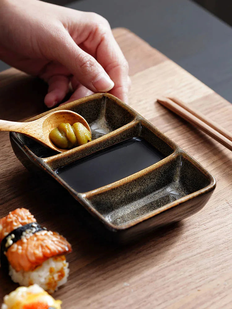 Kinglang Creative Ceramic Japanese Three Grid Saucer Restaurant Sushi Sauce Dish Barbecue Saucer Rectangular Dipping Dish-Letifly Lights and Decor