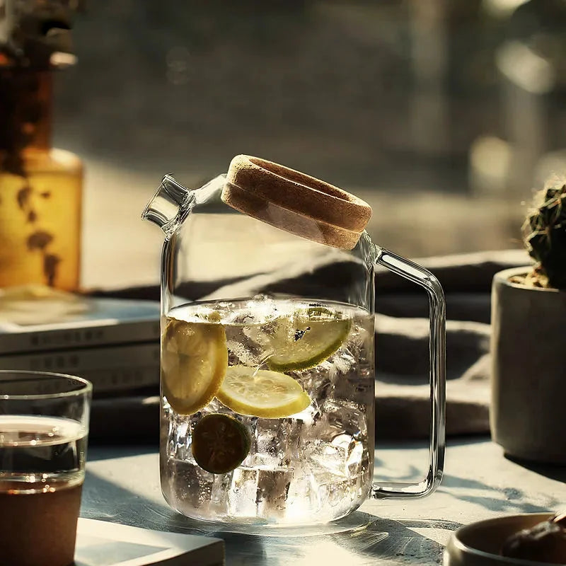 Glass Pitcher Cork Lid Heat Resistant Large Capacity Minimalist Pour Spout