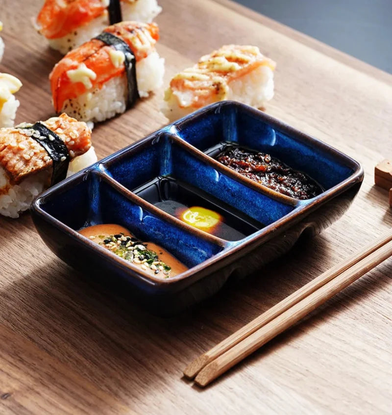 Kinglang Creative Ceramic Japanese Three Grid Saucer Restaurant Sushi Sauce Dish Barbecue Saucer Rectangular Dipping Dish-Letifly Lights and Decor