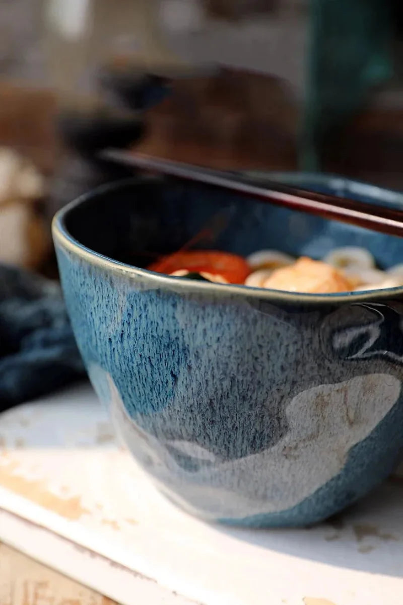 Ceramic Bowl Irregular Shape Blue Glaze Handmade Soup Salad Noodle Fruit Tableware