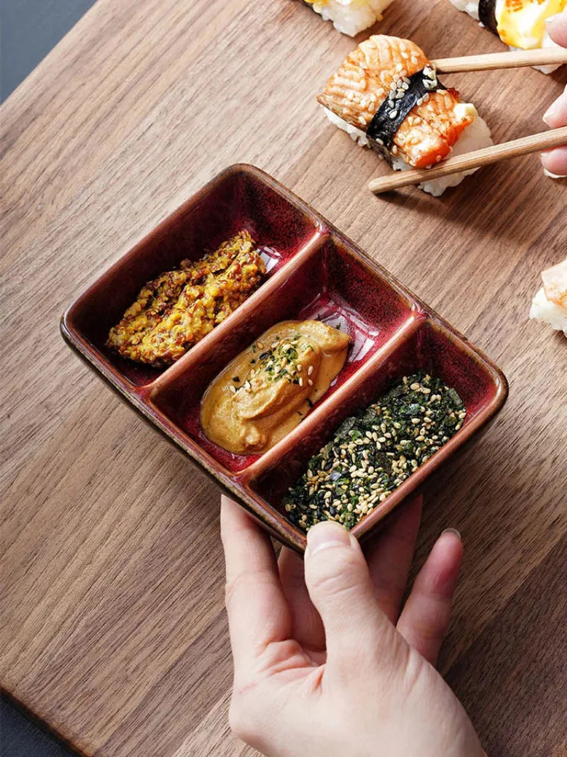Kinglang Creative Ceramic Japanese Three Grid Saucer Restaurant Sushi Sauce Dish Barbecue Saucer Rectangular Dipping Dish-Letifly Lights and Decor