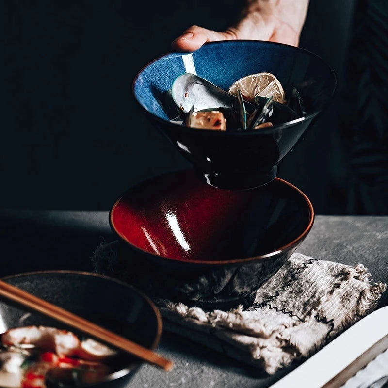 Ceramic Bowl Red Glazed 6 Inch Ramen Rice Udon Soup Tableware Minimalist Reactive Finish