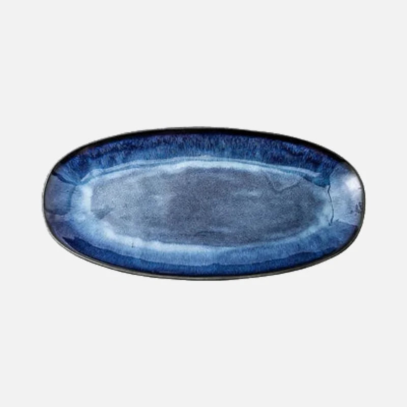 Japanese Kiln Glazed Blue Long Plate Household Steamed Fish Plate Large Dish Color Creative Sushi Plate-Letifly Lights and Decor