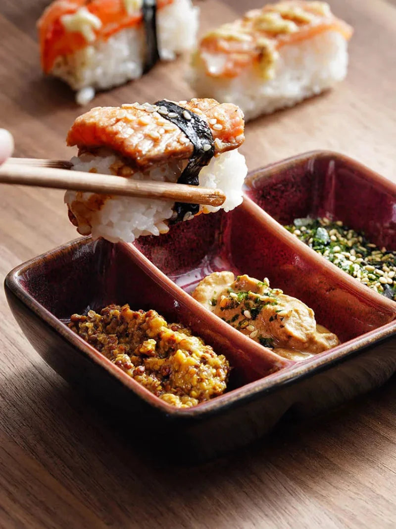 Kinglang Creative Ceramic Japanese Three Grid Saucer Restaurant Sushi Sauce Dish Barbecue Saucer Rectangular Dipping Dish-Letifly Lights and Decor