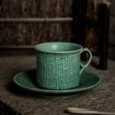 Heirloom ceramic coffee cup set with saucer vintage artisan textured mug with saucer in woven, ribbed, and swirled designs