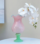 Pastel Pedestal Glass Vase Ruffle Top Romantic Fluted Home Decor Flower Arrangement Accent