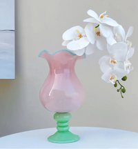 Pastel Pedestal Glass Vase Ruffle Top Romantic Fluted Home Decor Flower Arrangement Accent
