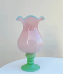 Pastel Pedestal Glass Vase Ruffle Top Romantic Fluted Home Decor Flower Arrangement Accent