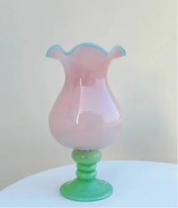 Pastel Pedestal Glass Vase Ruffle Top Romantic Fluted Home Decor Flower Arrangement Accent