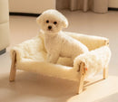 Elevated wooden pet bed checkered fabric cozy modern stylish