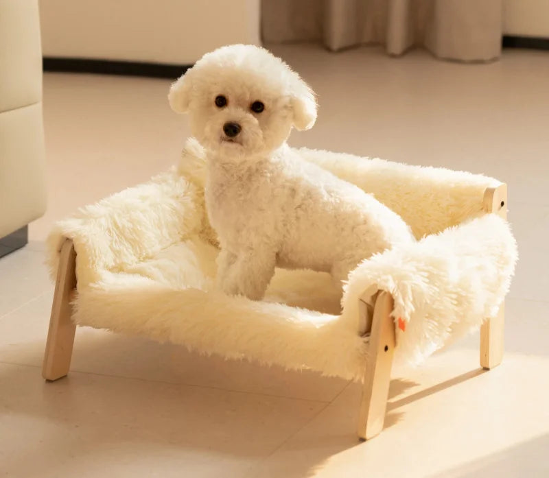 Elevated wooden pet bed checkered fabric cozy modern stylish
