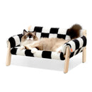 Elevated wooden pet bed checkered fabric cozy modern stylish