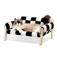 Elevated wooden pet bed checkered fabric cozy modern stylish