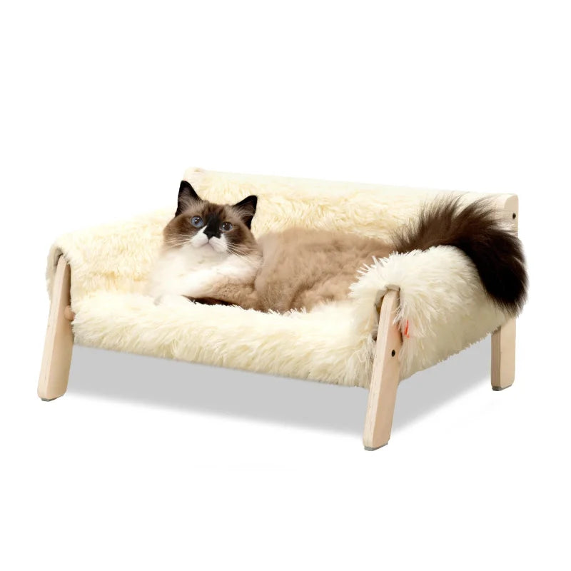 Elevated wooden pet bed checkered fabric cozy modern stylish