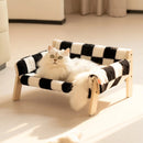 Elevated wooden pet bed checkered fabric cozy modern stylish