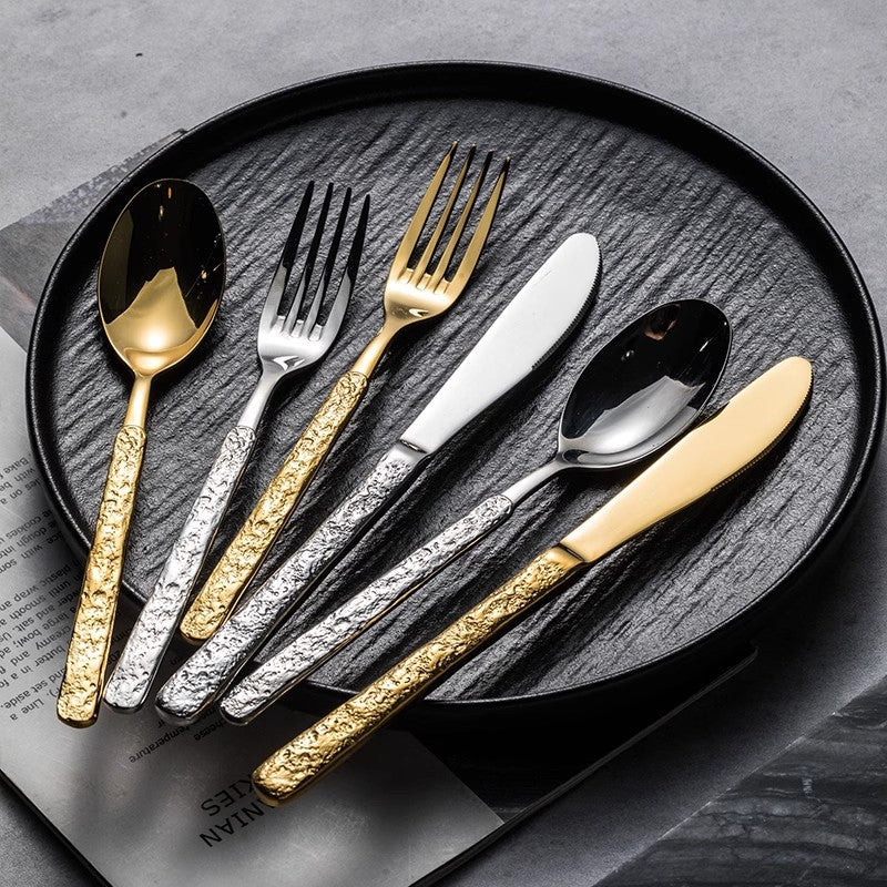 304 Rock Pattern Stainless Steel Western Tableware Golden Steak Knife, Fork, Spoon, Dessert Fork, Coffee Spoon, Hotel Restaurant Set-Letifly Lights and Decor