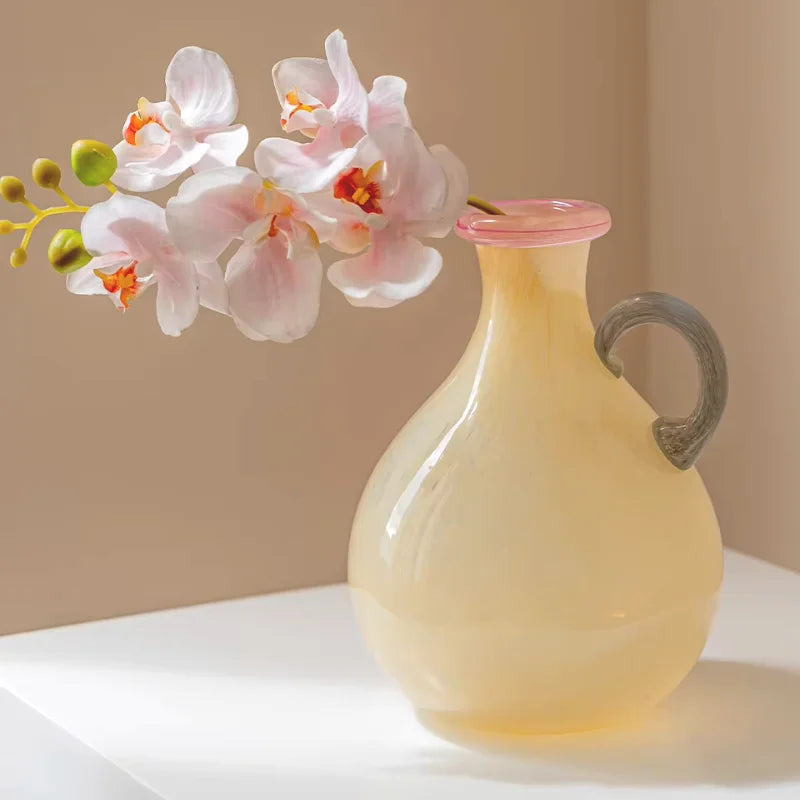 Handblown Glass Vase Colorful Dual Tone Spout Handle Pedestal Decorative Home Accent