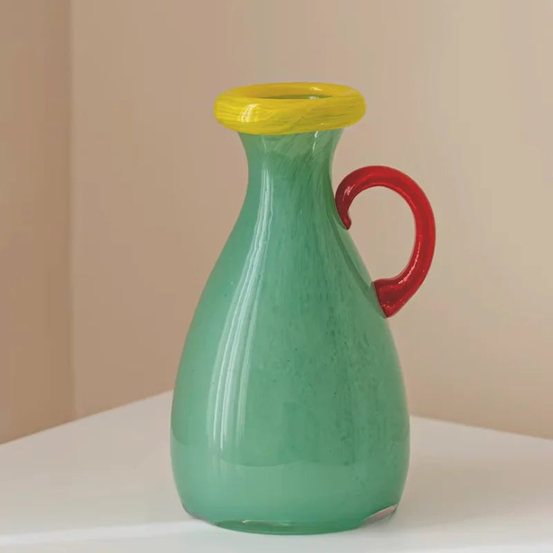 Handblown Glass Vase Colorful Dual Tone Spout Handle Pedestal Decorative Home Accent