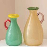 Handblown Glass Vase Colorful Dual Tone Spout Handle Pedestal Decorative Home Accent