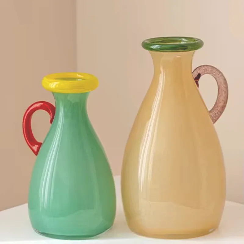 Handblown Glass Vase Colorful Dual Tone Spout Handle Pedestal Decorative Home Accent