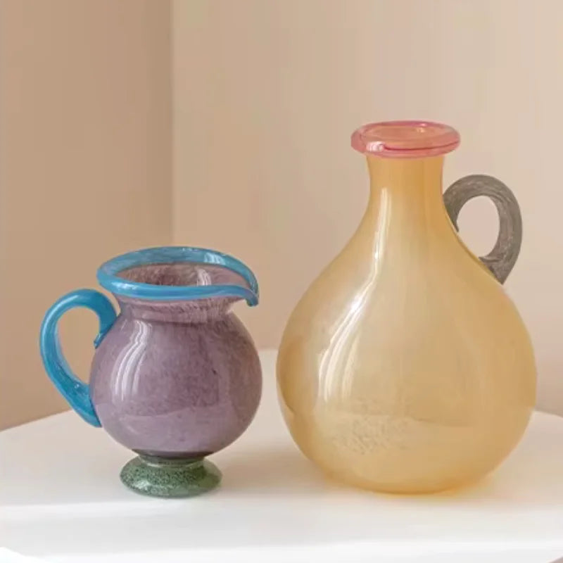 Handblown Glass Vase Colorful Dual Tone Spout Handle Pedestal Decorative Home Accent