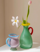 Handblown Glass Vase Colorful Dual Tone Spout Handle Pedestal Decorative Home Accent