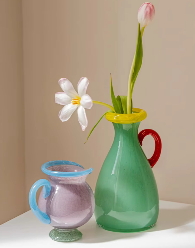 Handblown Glass Vase Colorful Dual Tone Spout Handle Pedestal Decorative Home Accent
