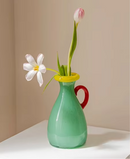 Handblown Glass Vase Colorful Dual Tone Spout Handle Pedestal Decorative Home Accent