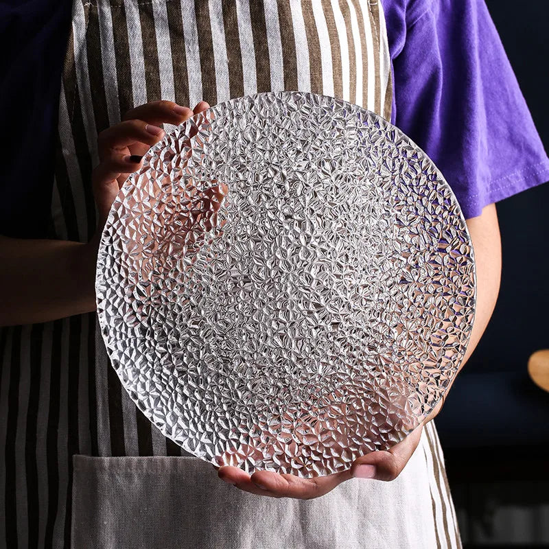 Elegant embossed round dinner plate for serving textured clear plate