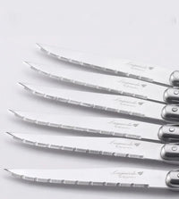 Elegant stainless steel flatware set with a polished finish, ergonomic handles, and precision steak knives